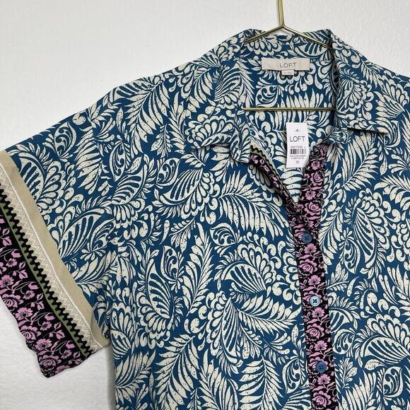 Loft Garden Shirt Dress Sz 10 Shift Blue Button Coastal Tropical Dainty Vacation - Picture 4 of 8